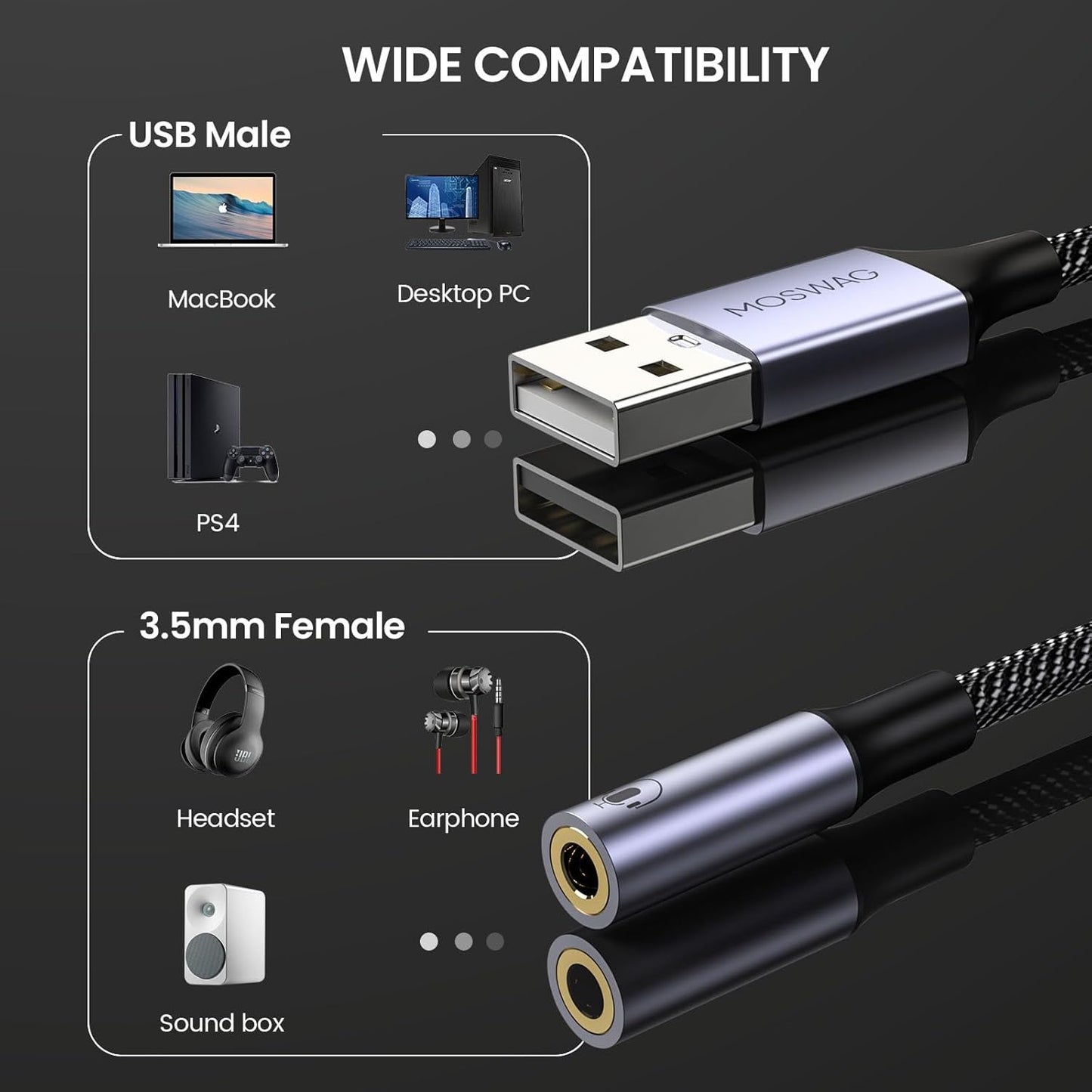 Adaptateur USB MOSWAG vers prise audio TRSS 3,5 mm 0,65 pied = 20 cm
