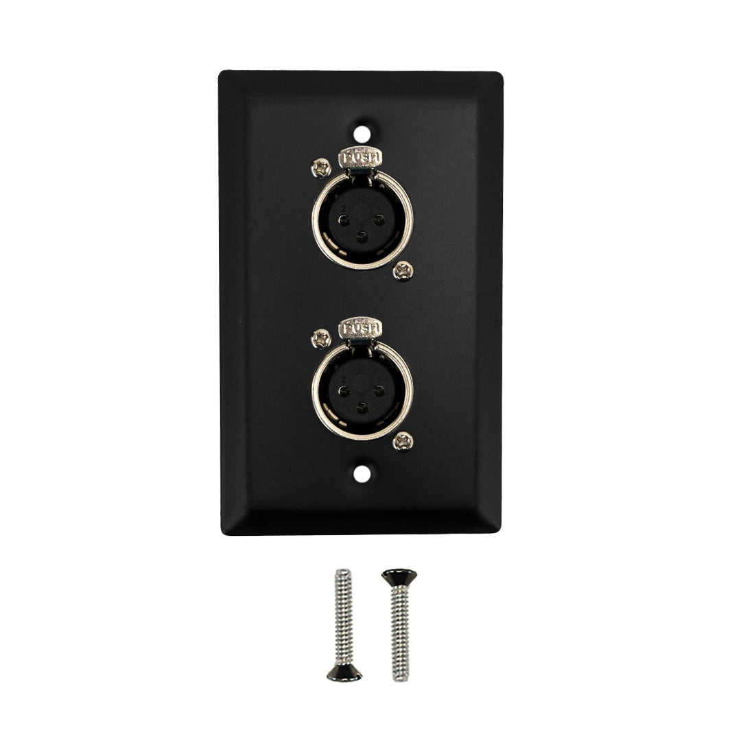 Single Gang 2 x XLR Locking Female Stainless Steel Wall Plate Kit - BLACK