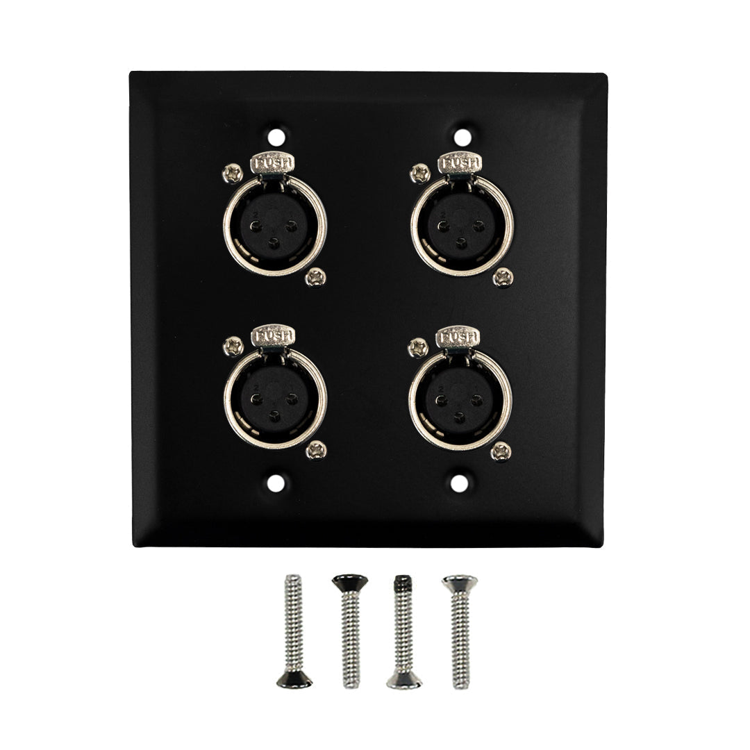 Double Gang 4 x XLR Locking Female Stainless Steel Wall Plate Kit - BLACK