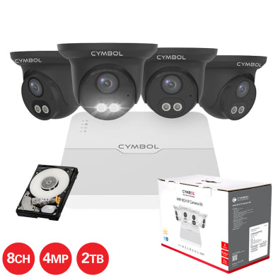 Cymbol 8CH IP Box Kit w/ 4 x 4MP Black Dual Light Turret Cameras and 8CH 2TB 4K NVR