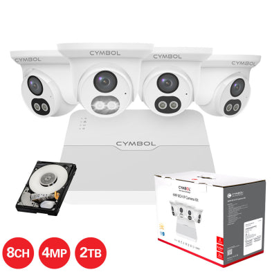 Cymbol 8CH IP Box Kit w/ 4 x 4MP White Dual Light Turret Cameras and 8CH 2TB 4K NVR